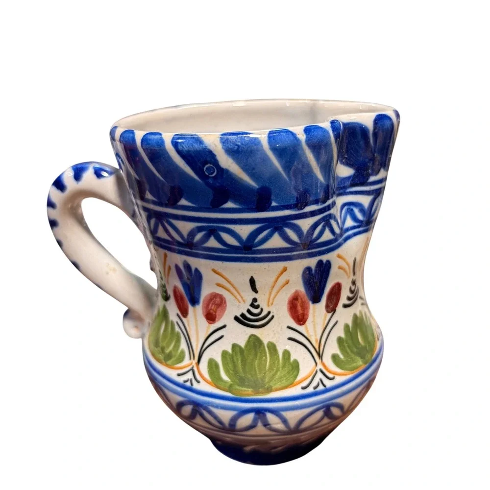 Hand Painted Folk Art Ceramic Pitcher Blue Floral Creamer Small Milk Jug Signed